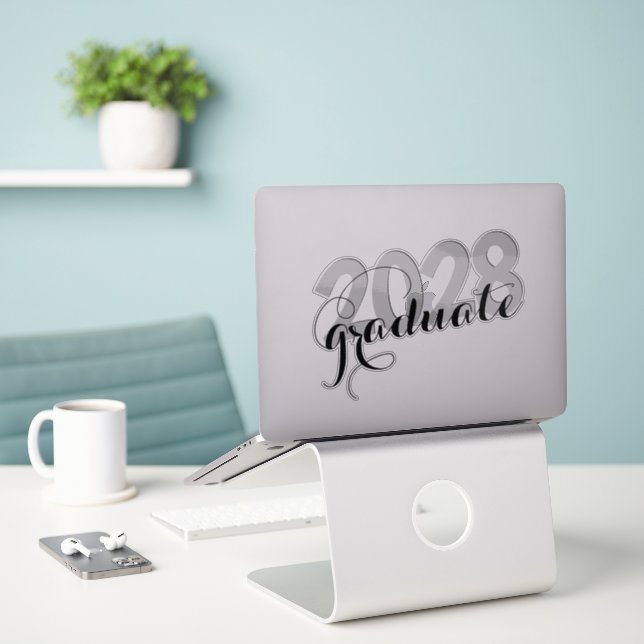 Minimal Black Modern Script Graduation Sticker (Laptop On Desk)