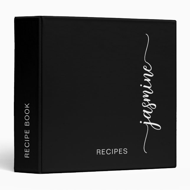 Minimal Black Monogram Calligraphy Cookbook Recipe 3 Ring Binder (Front/Spine)