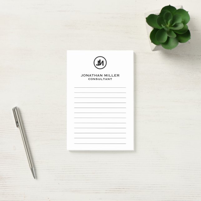 Minimal Black Monogram Lined Post-it Notes (Office)