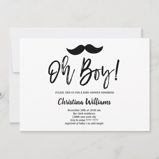 Minimal Black Mustache Oh Boy Baby Shower Invitation (Front)