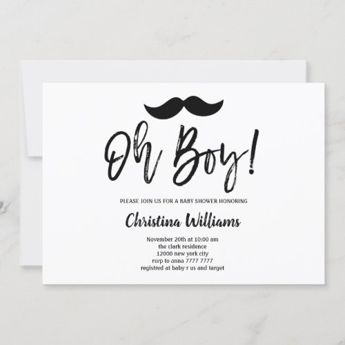 Minimal Black Mustache Oh Boy Baby Shower Invitation