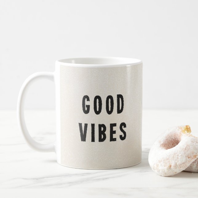 Minimal Black + Off-White Good Vibes Typography Coffee Mug (With Donut)