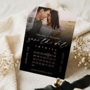 Minimal Black Photo Calendar Wedding Save the Date Foil Invitation