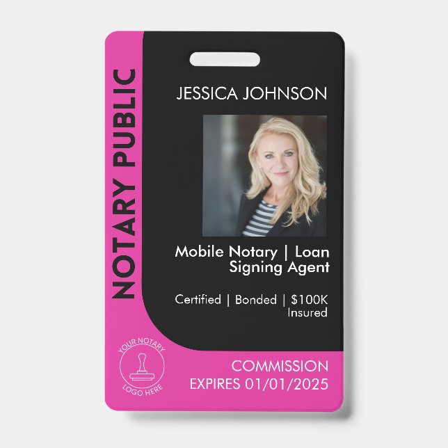 Minimal Black & Pink Notary Logo Photo QR Badge (Front)