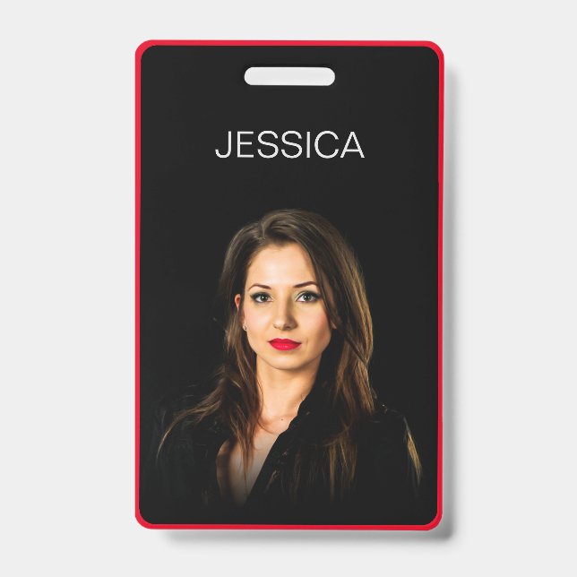 Minimal Black Red Corporate Employee Photo ID Badge (Front)