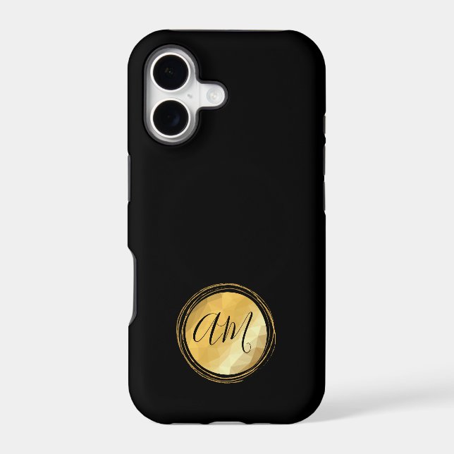 Minimal black round golden frame monogram  iphone case (Back)