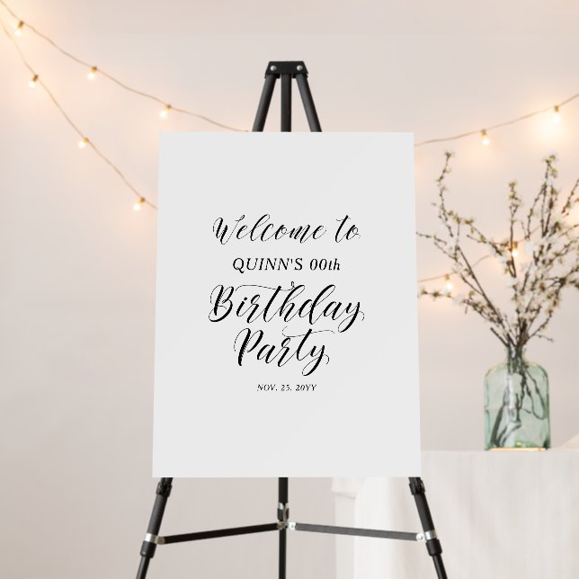 Minimal Black Script Birthday Party Welcome Sign (In Situ (Stand))