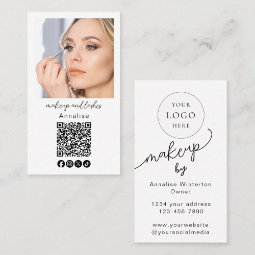 Minimal Black Script Logo QR Code Photo Makeup Business Card