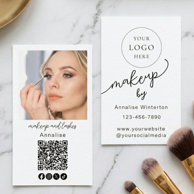 Minimal Black Script Logo QR Code Photo Makeup Business Card (Creator Uploaded)