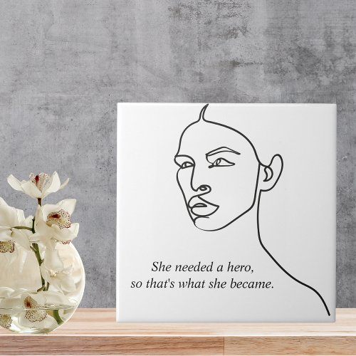 Minimal Black She Became A Hero Inspiration Girl  Ceramic Tile