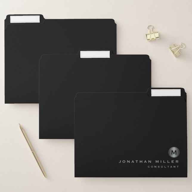 Minimal Black Silver Brushed Metal Monogram File Folder (Set)