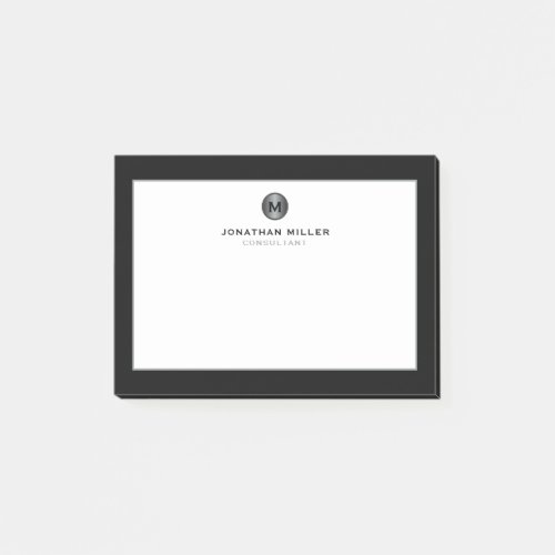 Minimal Black Silver Brushed Metal Monogram Post_it Notes