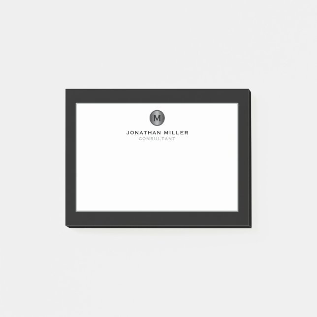 Minimal Black Silver Brushed Metal Monogram Post-it Notes (Front)