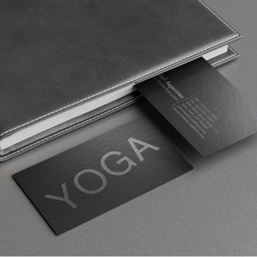Minimal Black Silver Embossed Text Yoga Instructor Business Card