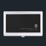 Minimal Black Silver Monogram Business Card Case<br><div class="desc">Minimalist monogram design with classic block typography silver brushed metal monogram medallion with personalized name and title or custom text below on a simple black background. Personalize for your custom use.</div>