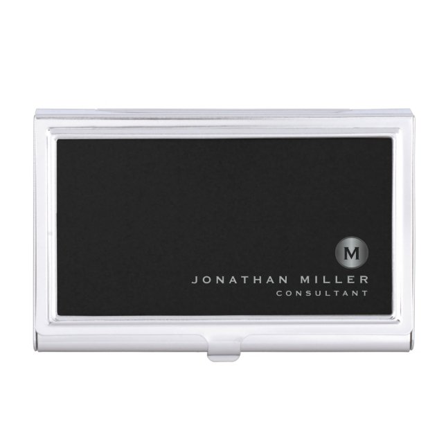 Minimal Black Silver Monogram Business Card Case (Front)