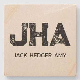 MINIMAL BLACK THREE LETTER MONOGRAM NAME SANDSTONE STONE COASTER