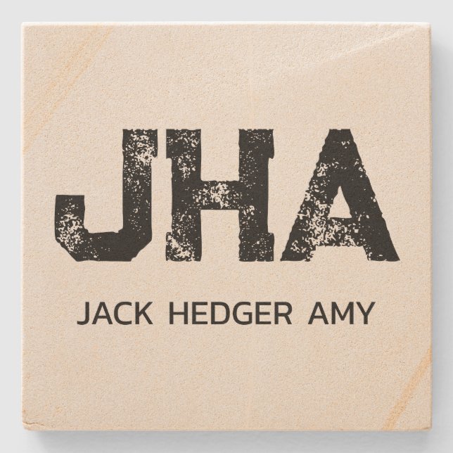 MINIMAL BLACK THREE LETTER MONOGRAM NAME SANDSTONE STONE COASTER (Front)