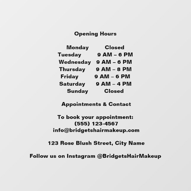 Minimal Black Transparent salon Opening Hours Window Cling (Sheet)