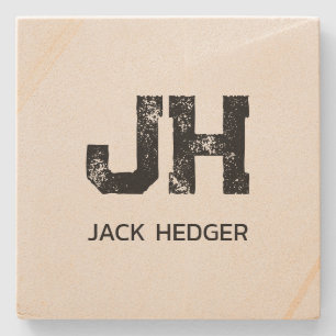 MINIMAL BLACK TWO LETTER MONOGRAM NAME SANDSTONE STONE COASTER