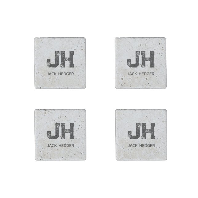 MINIMAL BLACK TWO LETTER MONOGRAM NAME TRAVERTINE STONE MAGNET (Front)