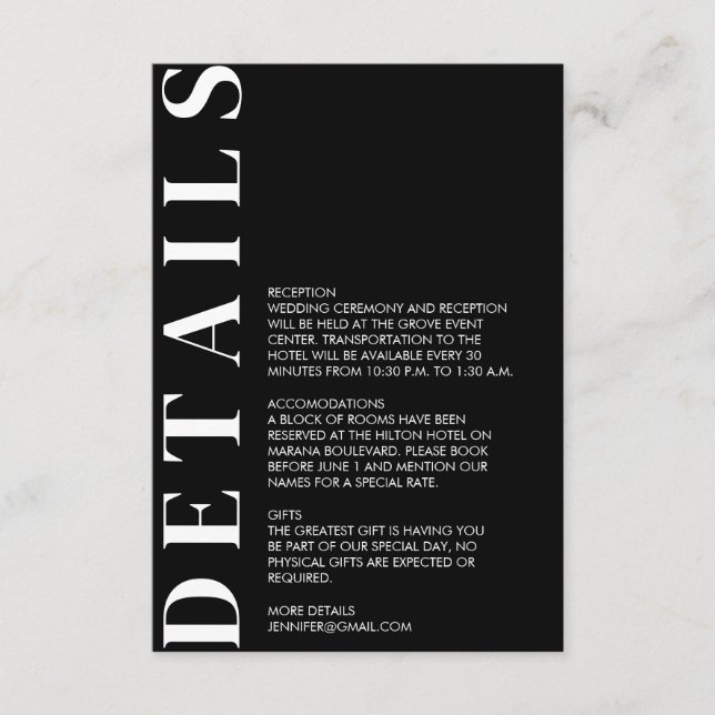 Minimal Black Wedding Details Enclosure Card (Front)