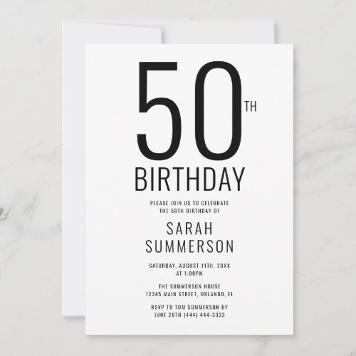 Minimal Black White 50th Birthday Party Invitation
