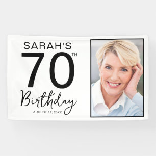 Minimal Black White 70th Birthday Party Photo Banner