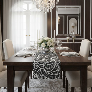 Minimal Black & White Abstract Floral Art Pattern Short Table Runner