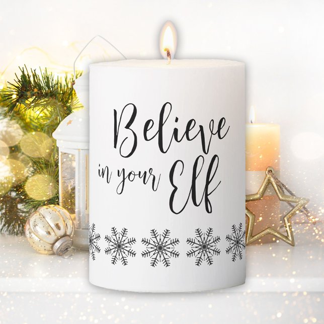Minimal, Black & White Believe In Your Elf Pillar Candle (Creator Uploaded)