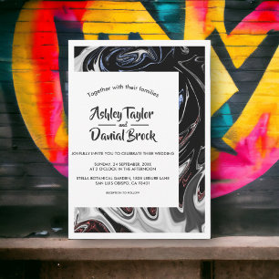 Minimal Black White Blue Flames Abstract Wedding Invitation