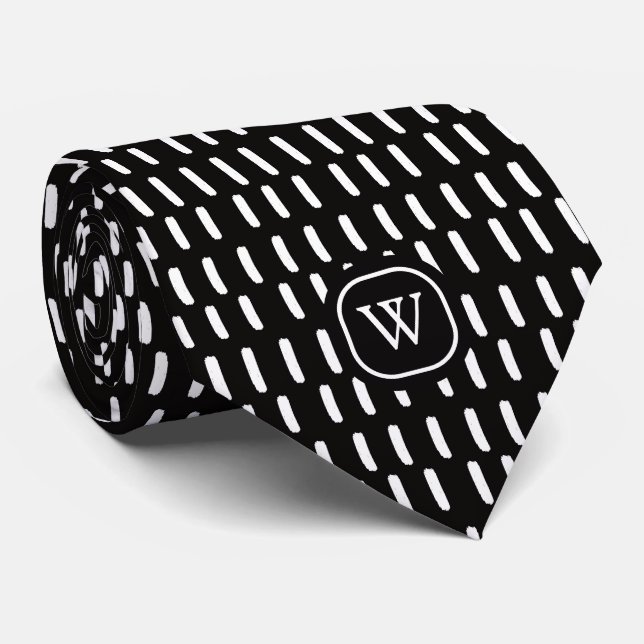 Minimal Black White Brush Strokes Monogram Initial Neck Tie (Rolled)