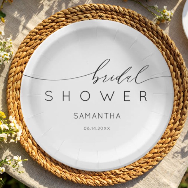 Minimal Black & White Calligraphy Bridal Shower Paper Plates (Creator Uploaded)