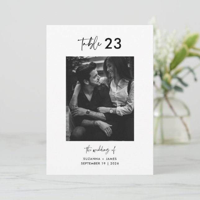Minimal Black White Calligraphy Photo Table Number (Standing Front)