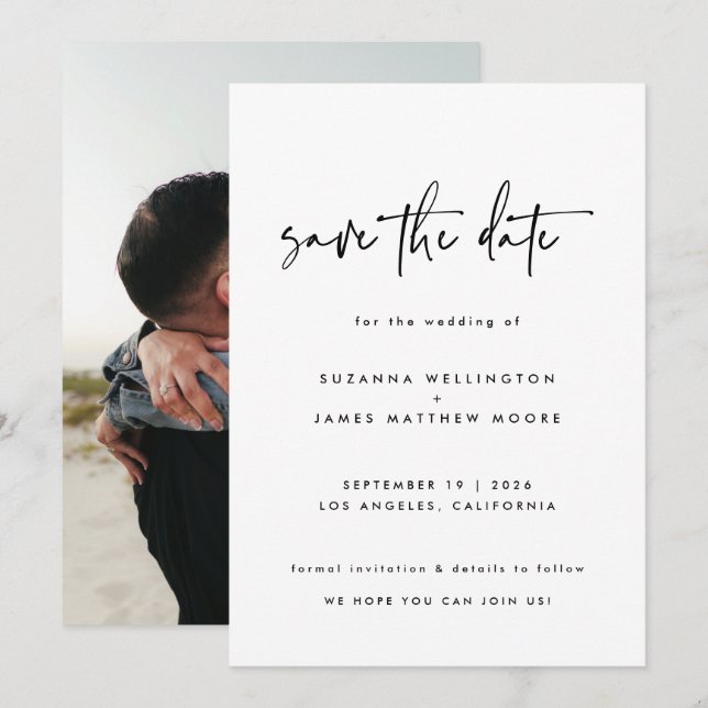 Minimal Black White Calligraphy Wedding Photo Save The Date (Front/Back)