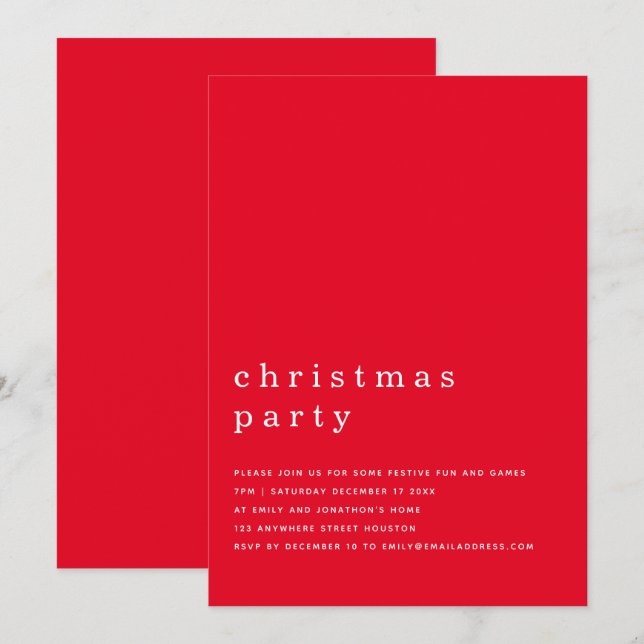 Minimal Black White Christmas Party Red Invitation (Front/Back)