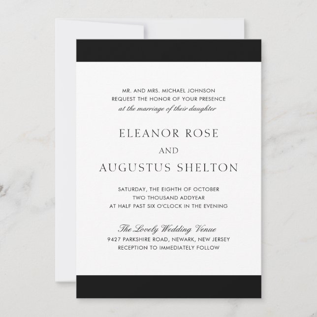 Minimal Black White Classic Elegant Modern Wedding Invitation (Front)