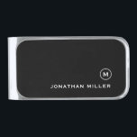 Minimal Black White Classic Monogram Silver Finish Money Clip<br><div class="desc">Modern money clip design features black background with your initials and name in classic white typography for a simple,  stylish professional look.</div>