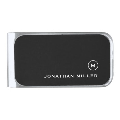 Minimal Black White Classic Monogram Silver Finish Money Clip