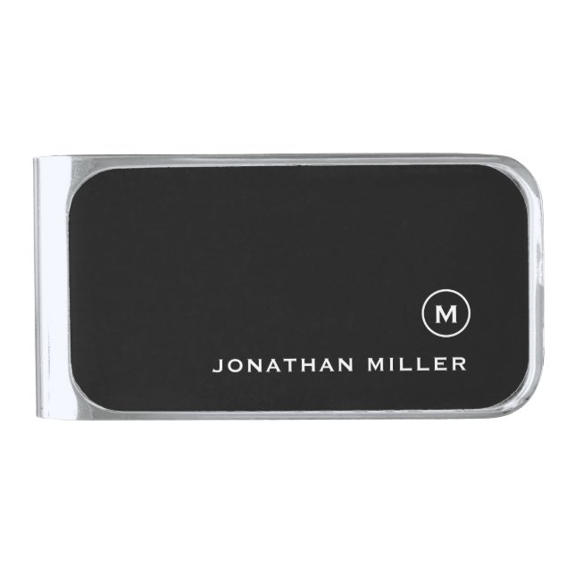 Minimal Black White Classic Monogram Silver Finish Money Clip (Front)