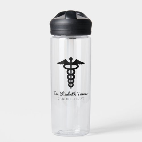 Minimal Black White Custom Name Doctor Caduceus  Water Bottle