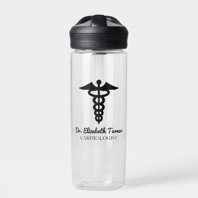 Minimal Black White Custom Name Doctor Caduceus  Water Bottle (Front)