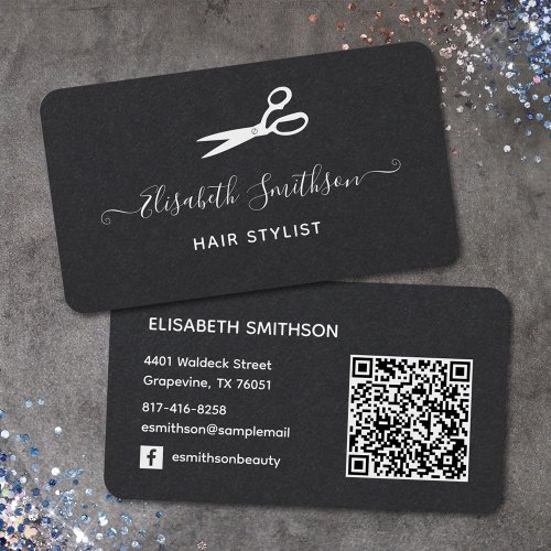 Minimal Black White Elegant Scissors Hair Stylist Business Card