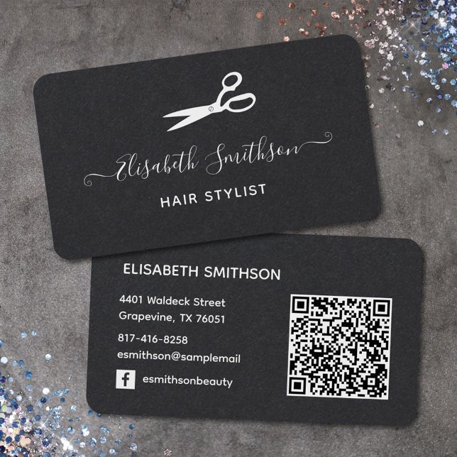 Minimal Black White Elegant Scissors Hair Stylist Business Card (Creator Uploaded)