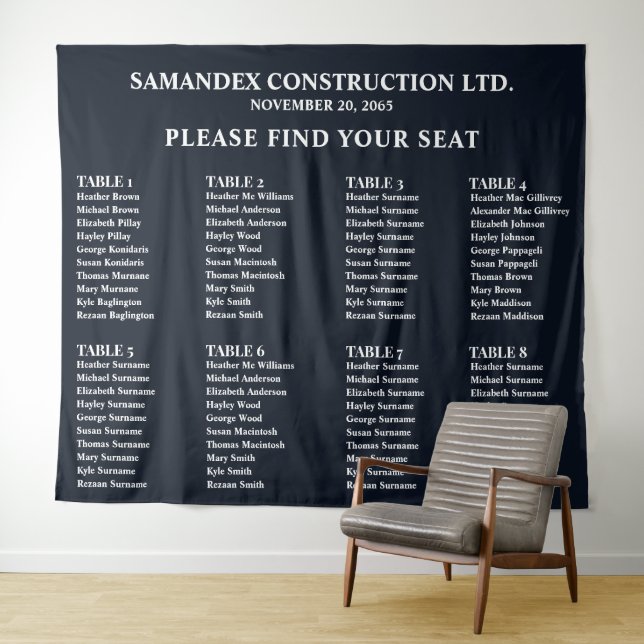 Minimal Black White Event Seating Chart Sign Tapestry (In Situ (Horizontal))