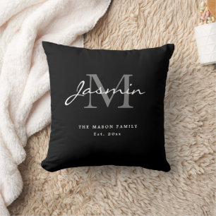 Minimal Black White Family Monogram Elegant Script Throw Pillow