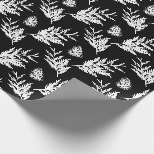 Minimal Black  White Festive Cedar Leaf Pinecone Wrapping Paper