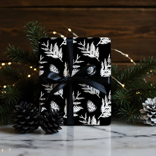 Minimal Black & White Festive Cedar Leaf Pinecone Wrapping Paper (Minimal Black & White Festive Cedar Leaf Pinecone Wrapping Paper)