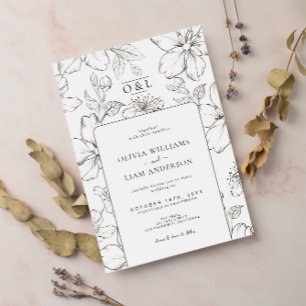 Minimal Black & White Floral Chic Monogram Wedding Invitation