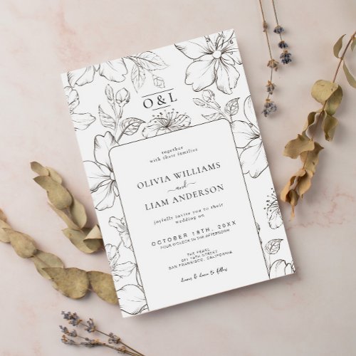 Minimal Black  White Floral Chic Monogram Wedding Invitation